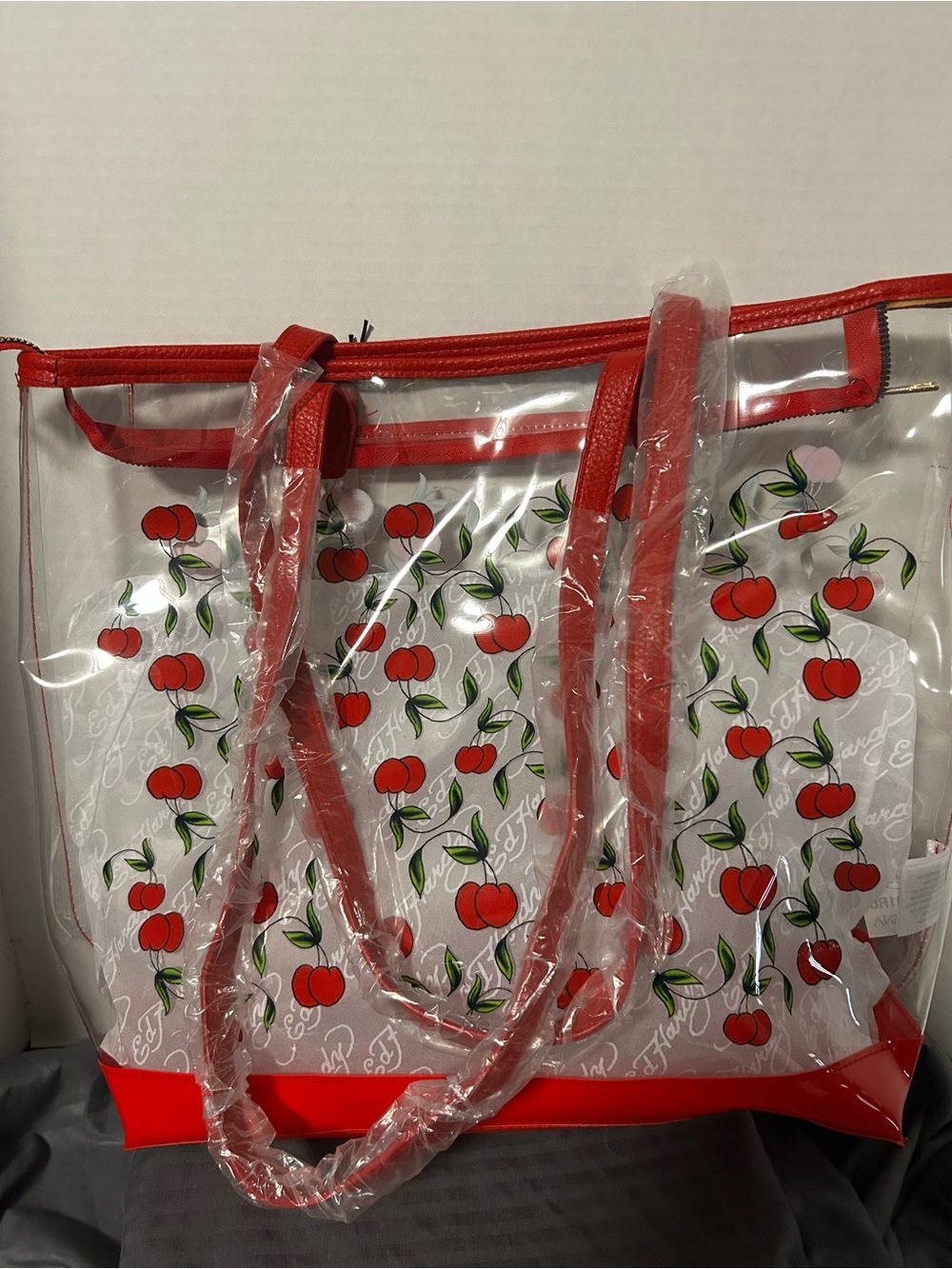 Ed Hardy Clear Cherry-Print Tote with Red Trim